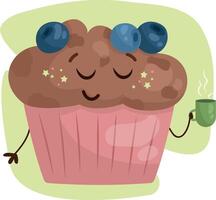Character Blueberry Muffin drinks tea vector