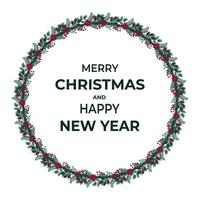 Merry Christmas and Happy New Year greeting card with floral wreath on white background vector