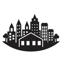 Black and white cityscape silhouette with trees and urban houses in a clean design vector