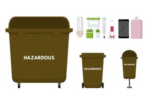 Hazardous waste sorting set. Mercury thermometer, lamp, electrical equipment, phone, battery, varnish, spray in garbage containers vector