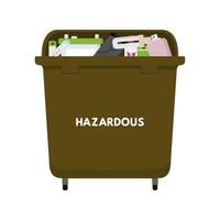 Hazardous waste sorting set. Thermometer, lamp, electrical, mobile phone, battery, varnish, spray in trash bin. vector