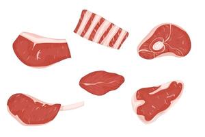 Set of meats cuts with fat. White background. vector