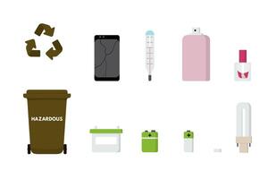 Hazardous waste sorting set. Mercury thermometer, lamp, mobile phone, battery, spray in garbage bin. vector