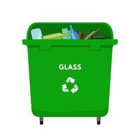 Waste sorting set. Green dumpster for glass, recycling bottle package vector