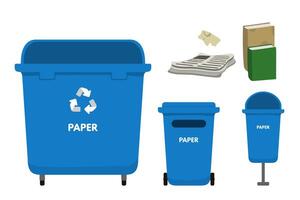 Waste sorting set. Blue trash bins for paper. Newspaper, book, leaflet, cellulose vector