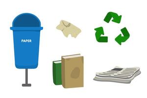 Waste sorting set. Blue dumpster bin for paper. Newspaper, book, leaflet, cellulose vector