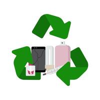 Hazardous recycle symbol. Electronics, mercury thermometer, light bulb, spray, toxic varnish vector