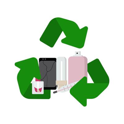 Hazardous recycle symbol. Electronics, mercury thermometer, light bulb, spray, toxic varnish