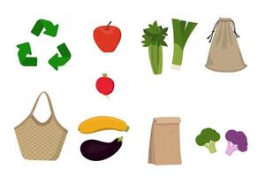 Eco bags and craft package. Icons set on white background. Apple, radish, onion, celery, broccoli, zucchini, eggplant cauliflower vector