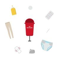 Waste sorting set. Red bin for no recycling trash, nylon, diapers, pad, tampon, tablets, glue, wet wipes, sticks vector