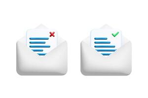 Opened 3d letter envelopes with document, check and cross marks. Template of message notification. vector