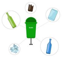 Waste sorting set. Green trash container for glass, recycling bottle package vector