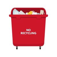 Waste sorting set. Red garbage bin for no recycling trash, nylon, diapers, pad, tampon, tablets, glue, wet wipes, sticks vector