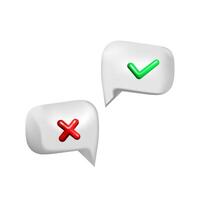 3d bubble speeches with cross and check mark. Messenger dialogue. Chat conversation template. vector
