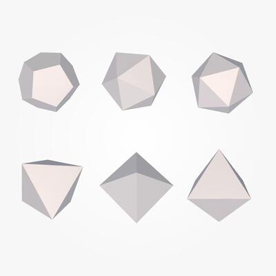 3D pyramids and pentagons set. Realistic white figures, geometry design.