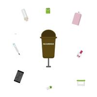 Hazardous waste sorting set. Mercury thermometer, lamp, electrical appliance, equipment, phone, battery in dumpster vector