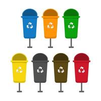 Waste sorting set. Small garbage bins for cardboard, plastic, no recycling, paper, hazardous, organic and glass. vector