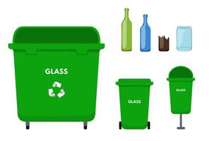 Waste sorting set. Green garbage bin for glass, recycling bottle package vector