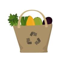 Eco friendly fabric bag with courgette, eggplant, onion and celery. White background. Reusable textile handbags vector