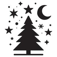 Night Sky with Christmas Tree, Stars, and Moon Silhouette vector