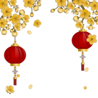 Lunar New Year ornament with yellow apricot blossom and red lanterns png