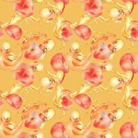 Watercolor seamless pattern of chines flat peaches levitation with splashing juice isolated on yellow . Fruits with drops painted. Fig peach hand drawn. Design element for package, label, cosmetic. vector