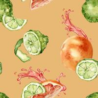 Citrus ripe fruits with juicy splash on watercolor seamless pattern isolated on beige. Hand drawn bright summer plants bergamot and grapefruit in botanical sketch style for textile, package products. vector