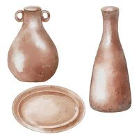 Pottery two vases and a plate in sepia tones watercolor illustration isolated. The vases unique shapes with round handles hand drawn. Vase rustic handmade aesthetic. Element for ceramics workshop vector