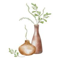 Two vase handcrafted with floral arrangement in watercolor isolated. Plants pastel color in high vase hand drawn. Handmade pottery with leaves and stems. For ceramics workshop, school, modeling vector