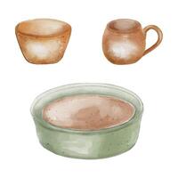 Pottery wheel and ceramic cup in watercolor illustration isolated. Bowl and mug in ocher tone handcraft hand drawn. Objects of pottery art handmade. For ceramics workshop, school, modeling clay vector