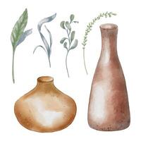 Set of pottery and plants. Tall and wide low vases in watercolor illustration isolated. Neutral tone leaves and ceramics vases various shapes hand drawn. For ceramics workshop, school, modeling clay vector