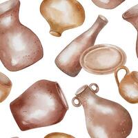 Ceramic dishes, vases handcrafted in natural tones watercolor seamless pattern isolated. Various pottery different shape and size hand drawn ornament. Print with jugs for design textile, package. vector