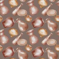 Ceramic dishes, vases handcrafted in natural tones watercolor seamless pattern isolated. Various pottery different shape and size hand drawn ornament. Print with jugs for design textile, package. vector
