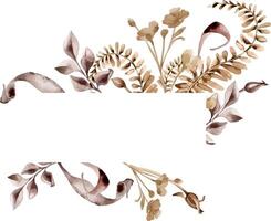 Wild flowers, fern branch brown monochrome in watercolor. Frame of beige abstract herbs, leaves in maroon color isolated. Dry plants hand drawn. Design of branding, invitations, package, wedding. vector