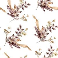 Dry herbs in monochrome tone hand drawn by watercolor seamless pattern. Light brown plants in botanical sketch on endless background. Design of textile, package, printed products. vector