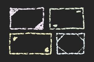 Rectangle frame, line square shape. Chalk color box, pastel brush border. Sketch hand drawn outline style. Text box. Rough pencil grunge painting on black chalkboard vector