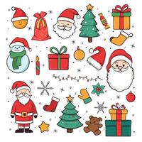 Collection of doodle Christmas Badges, Patches, Stickers. New Year's design elements and icons. Santa Claus, Snowman, Snowflake, Fir Tree in Comic Style. vector