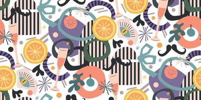 New Year pattern in collage stile with abstract elements and Gift boxes, snowflakes, eyes, a glass of wine and orange. vector