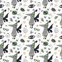 Surrealistic, hand drawn pattern with fantasy birds, eyes and abstract elements vector