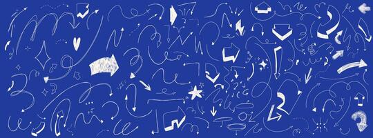Set of handdrawn scribble arrows. Squiggly line strokes. Pen doodle elements. Infographic decoraring set. Collection of chalk guides. White at the blue background vector