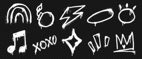 White spray art with oval, bomb, rainbow, and crown elements. Graffiti style design featuring lightning, star, and music notes. vector