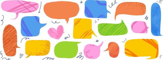 Set of childish speech balloon with trendy scribble textures. Kit of speak bubble with doodle sketches isolated on white bg. Bold and bright elements vector