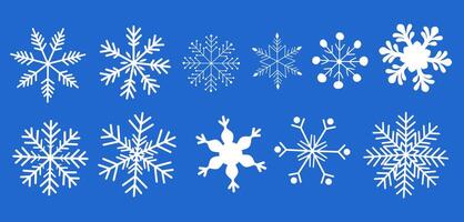 set of snowflake icons and patterns. White isolated Christmas crystal silhouettes for winter decoration. Cold frozen design elements for holiday. vector