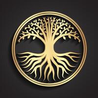 3d golden elegant tree with roots in circle stylized sign vector