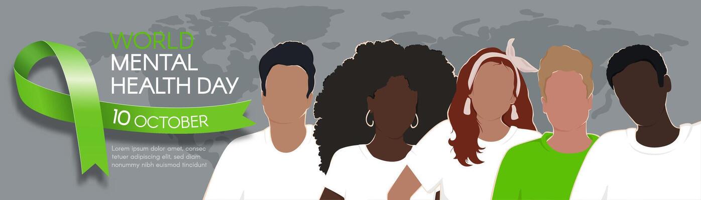 World Mental Health Day. Horizontal banner with green ribbon, space for text, and diverse people. flat illustration.