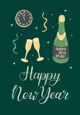 Festive New Year celebration banner with champagne bottle, glasses, clock, and festive decorations on green background