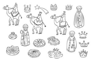 Hand drawn doodle set inspired by the Epiphany with Three Wise Men on camels, crowns, stars, traditional cakes, and festive elements. outline drawing isolated on white background vector
