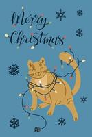 Playful Christmas hand drawn banner with smiling cat tangled in colorful string lights, snowflakes, and Merry Christmas calligraphy on blue background. template ideal for holiday cards vector