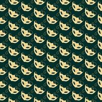 Seamless festive pattern with golden masquerade masks with elegant swirls on a dark green background, perfect for celebratory or party themes vector