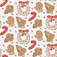 Seamless festive pattern with Christmas gingerbread cookies with holly berries on white background. Perfect for holiday decor and wrapping paper. Hand drawn flat illustration vector